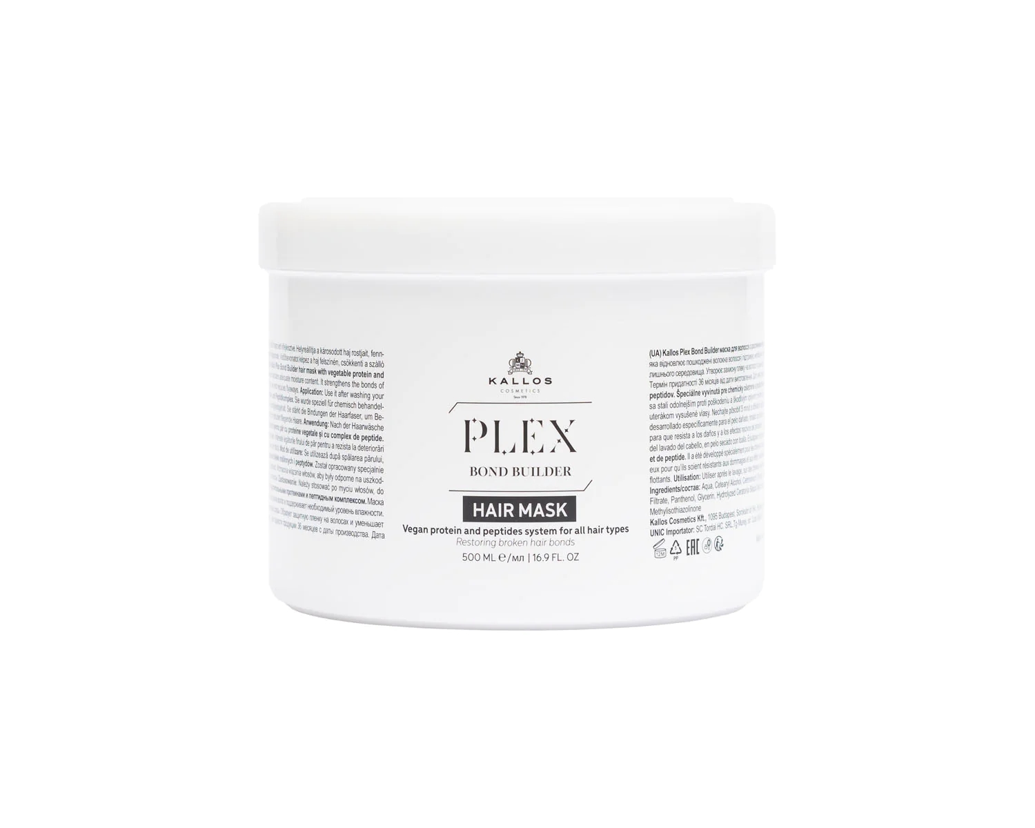 Kallos Plex Bond Builder hajpakolás növényi protein és Peptid komplex-szel 500 ml