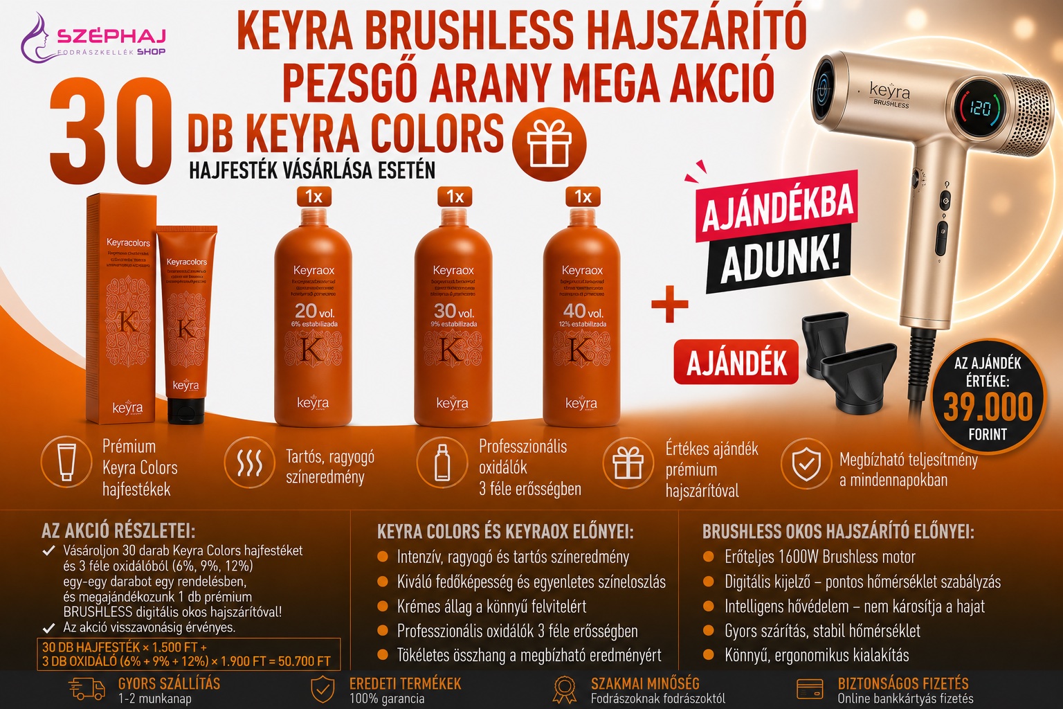 KEYRA BRUSHLESS PEZSGŐ ARANY HAJSZÁRÍTÓ MEGA AKCIÓ